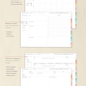 May include: A planner page with the word "MARKETING" at the top. The image shows several pages with sections for social media content, campaigns, and branding. Text includes "Easily plan your social content" and "Track all your campaigns."