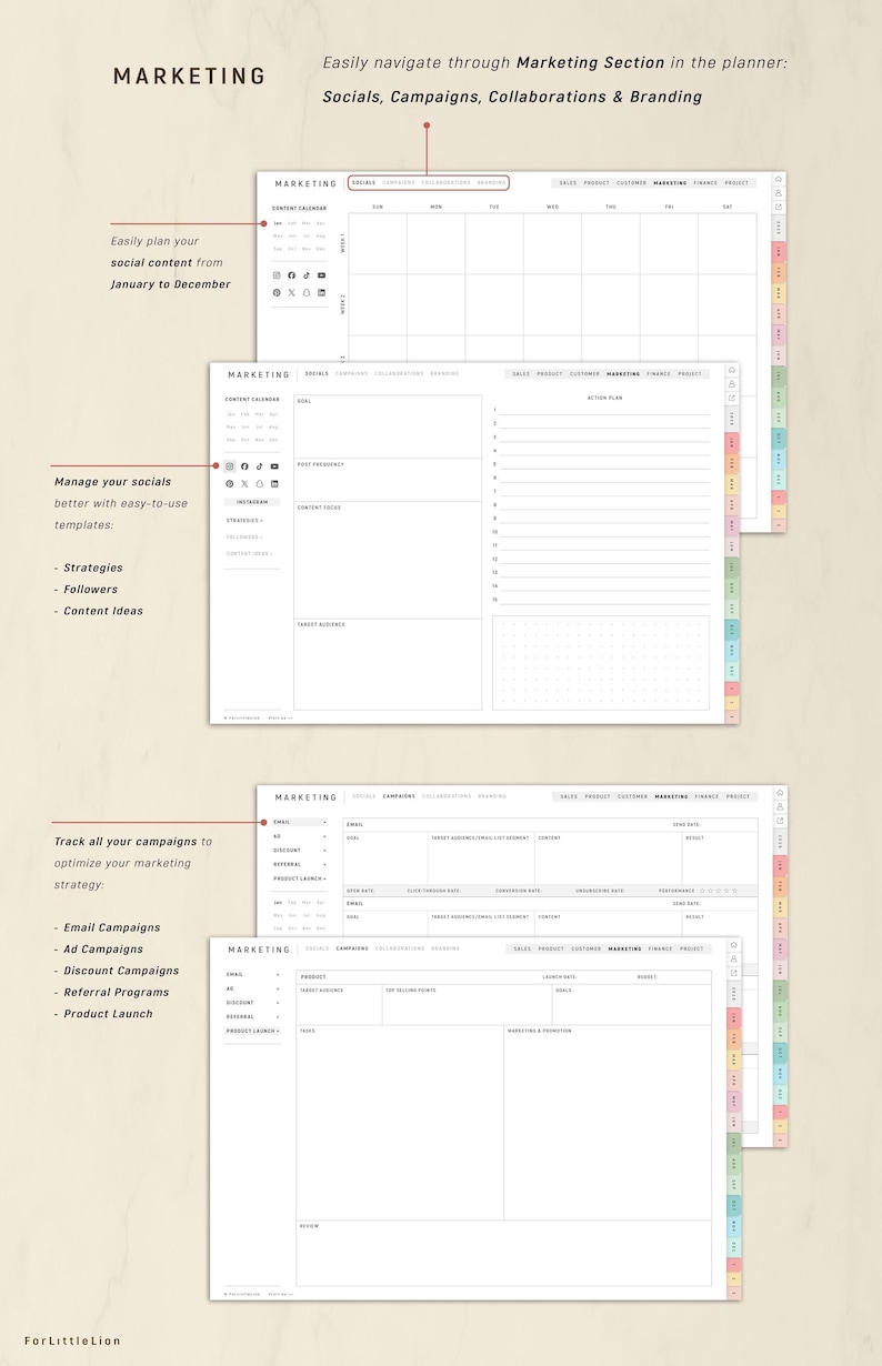 May include: A planner page with the word "MARKETING" at the top. The image shows several pages with sections for social media content, campaigns, and branding. Text includes "Easily plan your social content" and "Track all your campaigns."