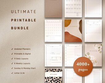 Undatiertes druckbares Planer-Bundle, tägliche wöchentliche monatliche Kalender undatierte Kalender, Mahlzeiten + Fitness + Wellness + Produktion
