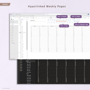 May include: A digital planner with hyperlinked weekly pages. The planner displays a calendar layout with links to months, weeks, days, and calendar apps. The text "WEEK 2" is visible, along with the word "Editable" at the top left.
