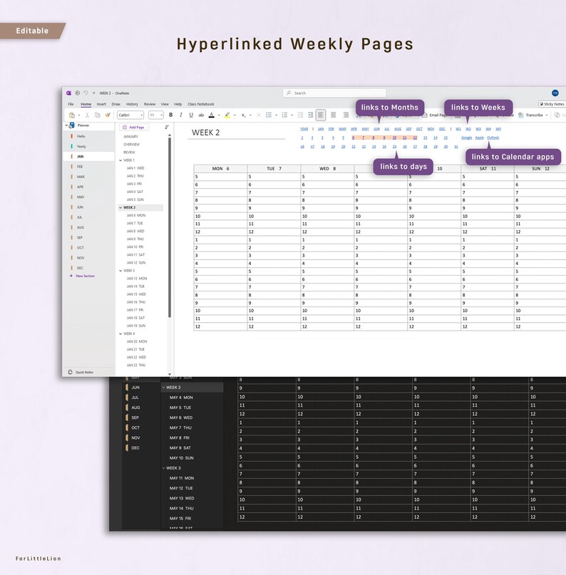 May include: A digital planner with hyperlinked weekly pages. The planner displays a calendar layout with links to months, weeks, days, and calendar apps. The text "WEEK 2" is visible, along with the word "Editable" at the top left.