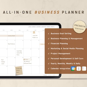 May include: A digital business planner with the text "ALL-IN-ONE BUSINESS PLANNER" at the top. The planner includes a calendar for July, with a brown sidebar listing features like business goal setting and financial planning. A "PREMIUM EDITION" label is also visible.