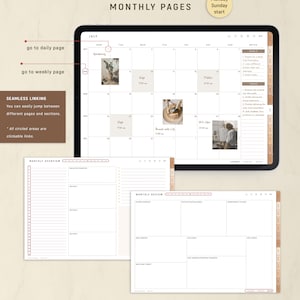 May include: Digital planner with a July calendar displayed on a tablet. The planner includes sections for daily, weekly, and monthly overviews. The text on the screen includes "Monthly Pages", "Gardening", "Yoga", "Pilates", and "Brunch with Lily".