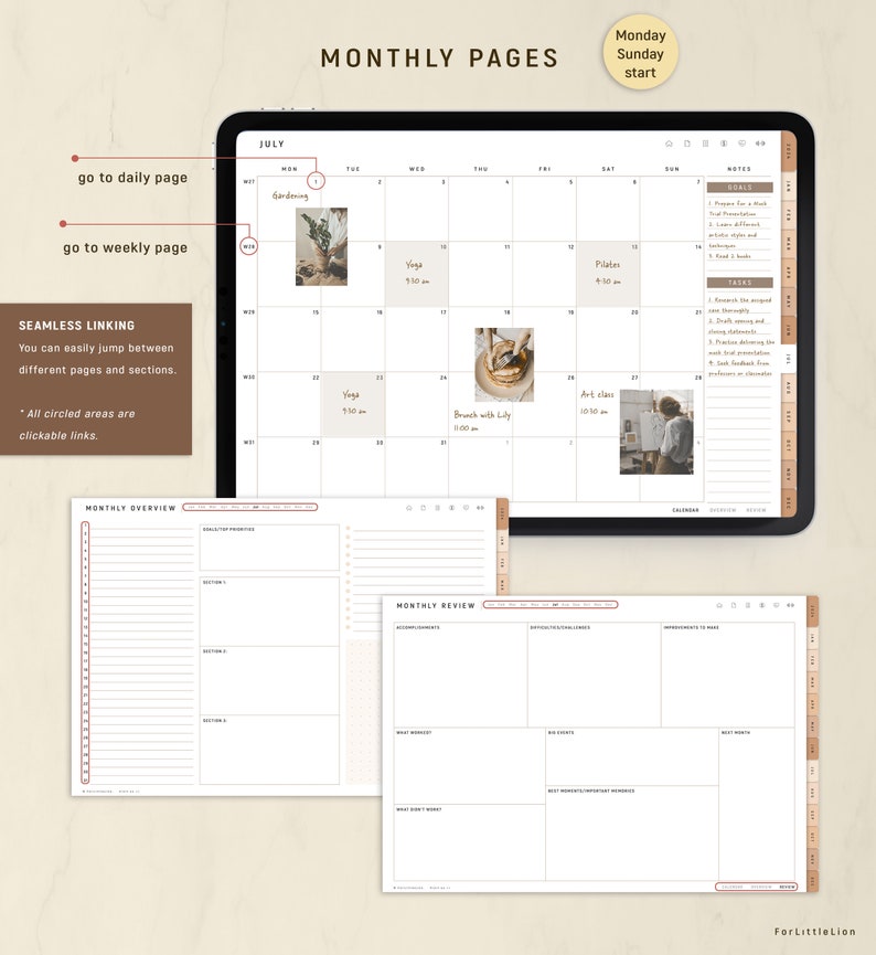May include: Digital planner with a July calendar displayed on a tablet. The planner includes sections for daily, weekly, and monthly overviews. The text on the screen includes "Monthly Pages", "Gardening", "Yoga", "Pilates", and "Brunch with Lily".