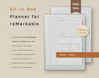 May include: A digital planner for reMarkable tablets featuring a daily layout with hourly slots, task lists, and meal tracking. The interface includes tabs for navigation, labeled 2026 and 2027, with text indicating compatibility with reMarkable Paper Pro, Paper Pure, and 2 models.