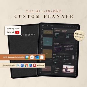 May include: A digital planner displayed on a tablet screen with a black interface, featuring a daily schedule, task lists, and calendar integration icons. The text reads THE ALL-IN-ONE CUSTOM PLANNER, Step-by-Step Tutorial, and PREMIUM EDITION.