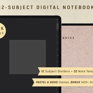 Cyfrowy notatnik 12-kartkowy/temat/sekcja TRYB CIEMNY dla GoodNotes/Notability/Notesshelf, cyfrowy notatnik studencki iPad/Android CZARNY