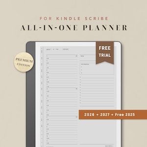 May include: A digital planner for Kindle Scribe with a minimalist design. The screen displays a daily schedule layout with time slots and to-do lists. Includes the text "FOR KINDLE SCRIBE ALL-IN-ONE PLANNER" and "PREMIUM EDITION".
