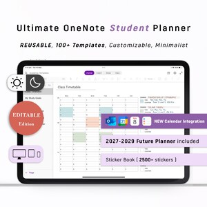 Puede incluir: Un planificador estudiantil digital para OneNote en la pantalla de una tableta. La interfaz muestra un horario de clases, objetivos de estudio y texto que incluye Ultimate OneNote Student Planner, Editable Edition y New Calendar Integration.