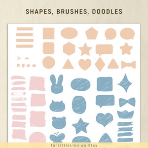 May include: A set of digital planner stickers featuring various shapes, brushes, and doodles in pink and blue. The stickers include hearts, stars, arrows, speech bubbles, and more. The text "SHAPES, BRUSHES, DOODLES" is at the top of the image. The text "for little lion on Etsy" is at the bottom of the image.