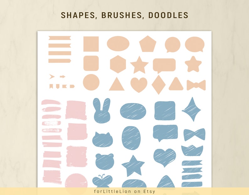 May include: A set of digital planner stickers featuring various shapes, brushes, and doodles in pink and blue. The stickers include hearts, stars, arrows, speech bubbles, and more. The text "SHAPES, BRUSHES, DOODLES" is at the top of the image. The text "for little lion on Etsy" is at the bottom of the image.