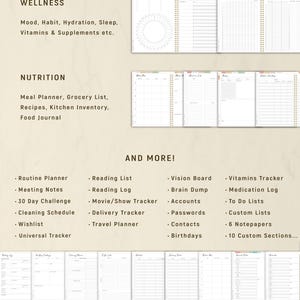 May include: A digital planner with sections for wellness, nutrition, and more. Includes trackers for mood, meals, vitamins, and habits. Features routine planning, reading lists, and custom sections. The planner is designed for digital use.