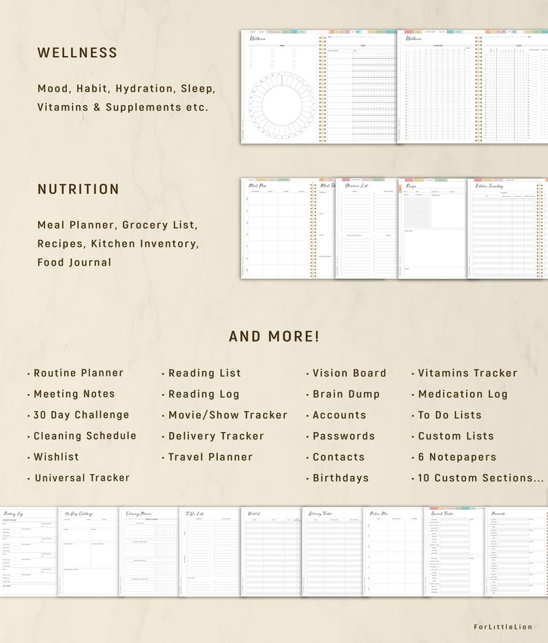 May include: A digital planner with sections for wellness, nutrition, and more. Includes trackers for mood, meals, vitamins, and habits. Features routine planning, reading lists, and custom sections. The planner is designed for digital use.