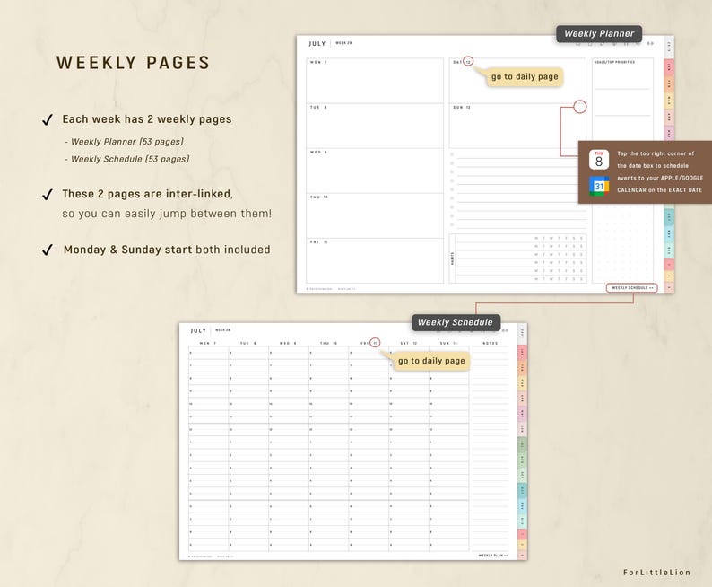 May include: A digital planner with weekly pages, including a weekly planner and schedule. The planner features a calendar for July, with options to jump between pages and schedule events. Text includes "Weekly Pages" and "go to daily page."