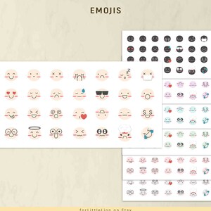 May include: A set of printable emoji stickers featuring various facial expressions. The emojis are in black and white with red accents. The text "EMOJIS" is at the top of the page.
