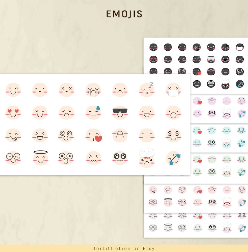 May include: A set of printable emoji stickers featuring various facial expressions. The emojis are in black and white with red accents. The text "EMOJIS" is at the top of the page.