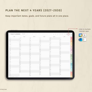 May include: A digital year planner displayed on a black tablet. The planner spans the years 2027-2030, with a grid layout for each month. The text "PLAN THE NEXT 4 YEARS" is at the top. Icons for calendar apps are visible on the right.