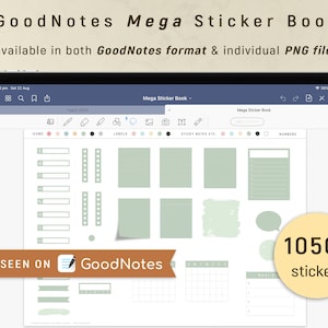 May include: A screenshot of a digital planner app with a green and white sticker pack. The sticker pack includes various shapes, sizes, and designs, including labels, icons, and sticky notes. The text "Mega Sticker Book" and "1050+ stickers" are visible on the screen. The app is called "GoodNotes".