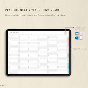 May include: A black tablet displays a yearly planner for 2027-2030, with monthly and daily sections. The text reads "PLAN THE NEXT 4 YEARS." Features include links to calendar apps and a toggle for year selection. The background is a light beige.