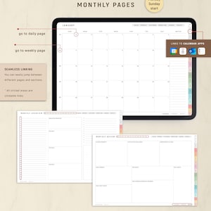 May include: A digital planner displayed on a tablet, featuring monthly pages, a monthly overview, and a monthly review. The planner includes links to calendar apps and is designed with a clean, minimalist aesthetic. Text on the screen includes "Monthly Pages" and "January".