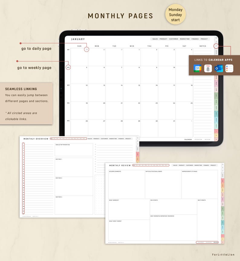 May include: A digital planner displayed on a tablet, featuring monthly pages, a monthly overview, and a monthly review. The planner includes links to calendar apps and is designed with a clean, minimalist aesthetic. Text on the screen includes "Monthly Pages" and "January".