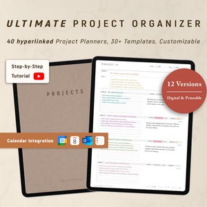 Planificador de proyectos digital, cuaderno de proyectos con separadores de hipervínculos, rastreador de proyectos, plantilla de planificador de proyectos personalizada.