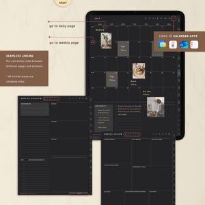 May include: A digital planner interface displayed on a tablet screen featuring a black monthly calendar layout with white text, interactive links, and sections for daily and weekly pages, alongside a monthly overview and review page template.