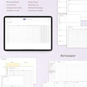 May include: A collection of printable productivity templates, including a digital tablet displaying a project organizer. The templates include goal planners, meeting notes, task matrices, and a 30-day challenge. The word "Productivity" is at the top.