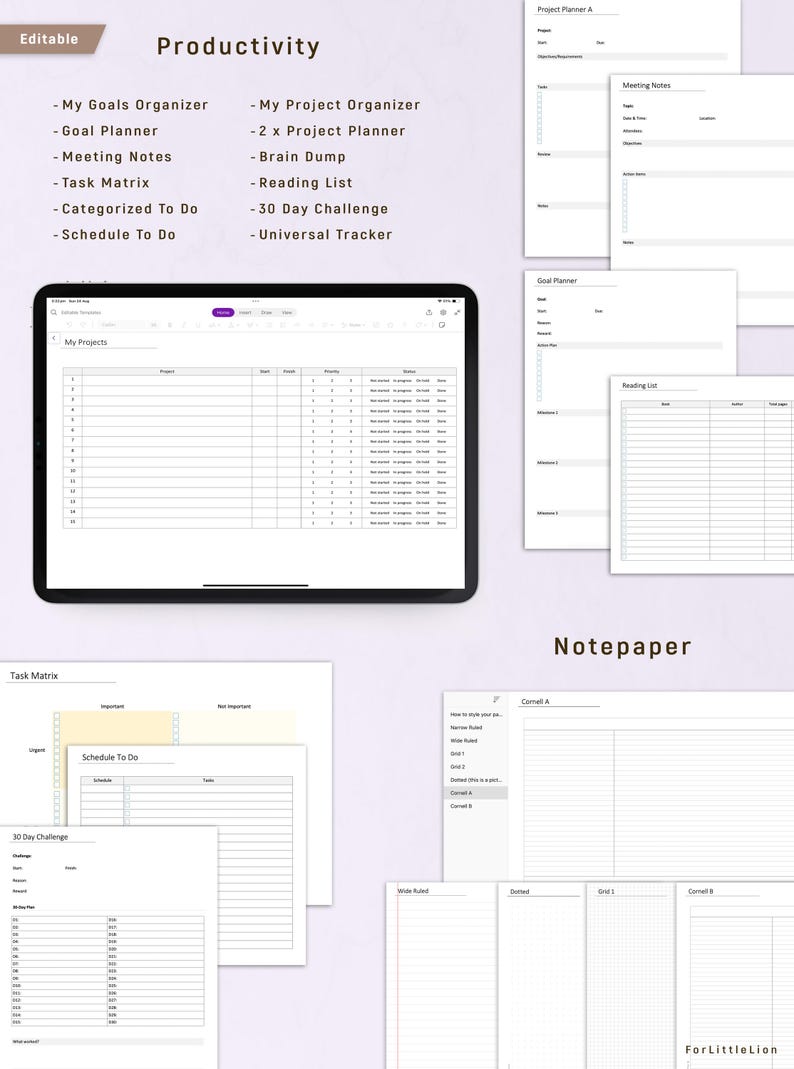 May include: A collection of printable productivity templates, including a digital tablet displaying a project organizer. The templates include goal planners, meeting notes, task matrices, and a 30-day challenge. The word "Productivity" is at the top.