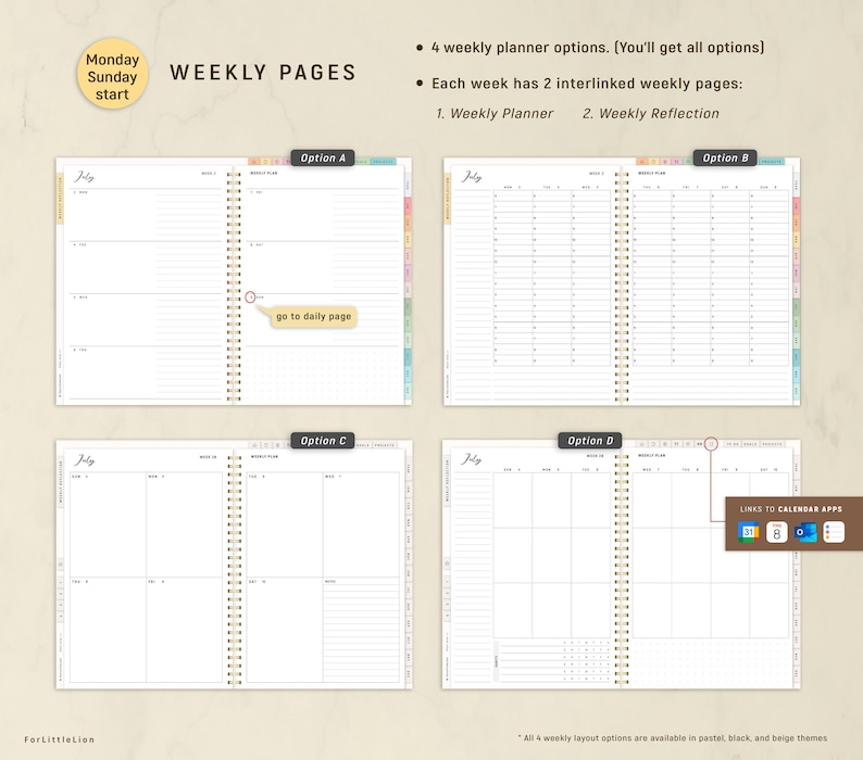 May include: A digital planner with four weekly layout options, including a weekly planner and reflection pages. The planner features a spiral binding and the text "Weekly Pages". The planner is available in pastel, black, and beige themes.