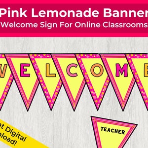 Fondo de banner rosa y amarillo para la enseñanza en línea / Banners de fondo de enseñanza en línea imprimibles / Decoraciones de aula en línea