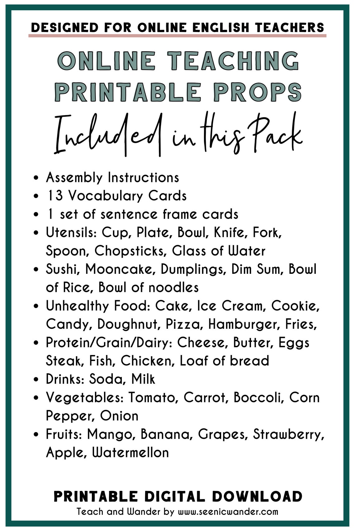 Food and Drink Props for Teaching English Online | Cute Food Printables ...