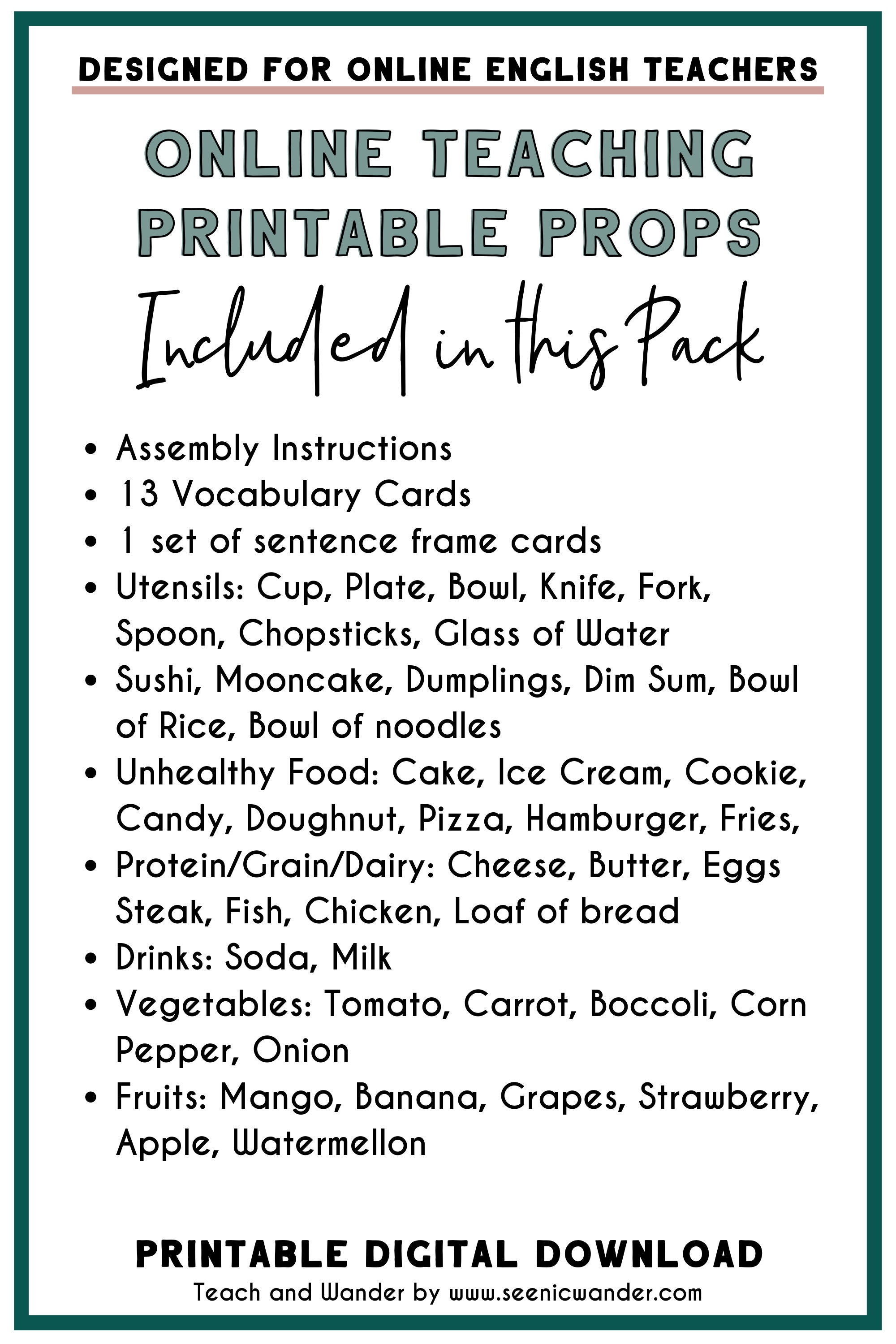 Food and Drink Props for Teaching English Online | Cute Food Printables ...