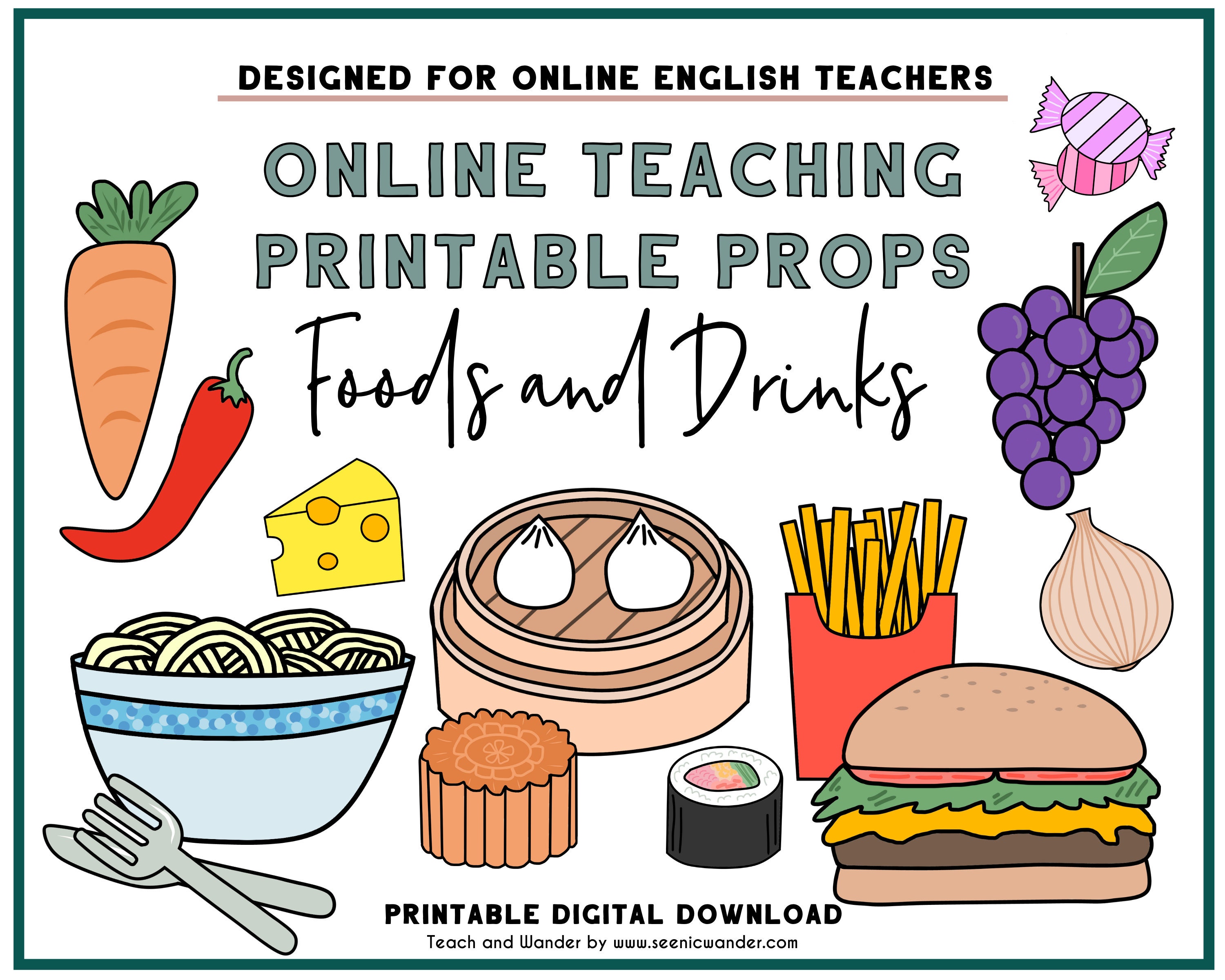 Food and Drink Props for Teaching English Online | Cute Food Printables ...