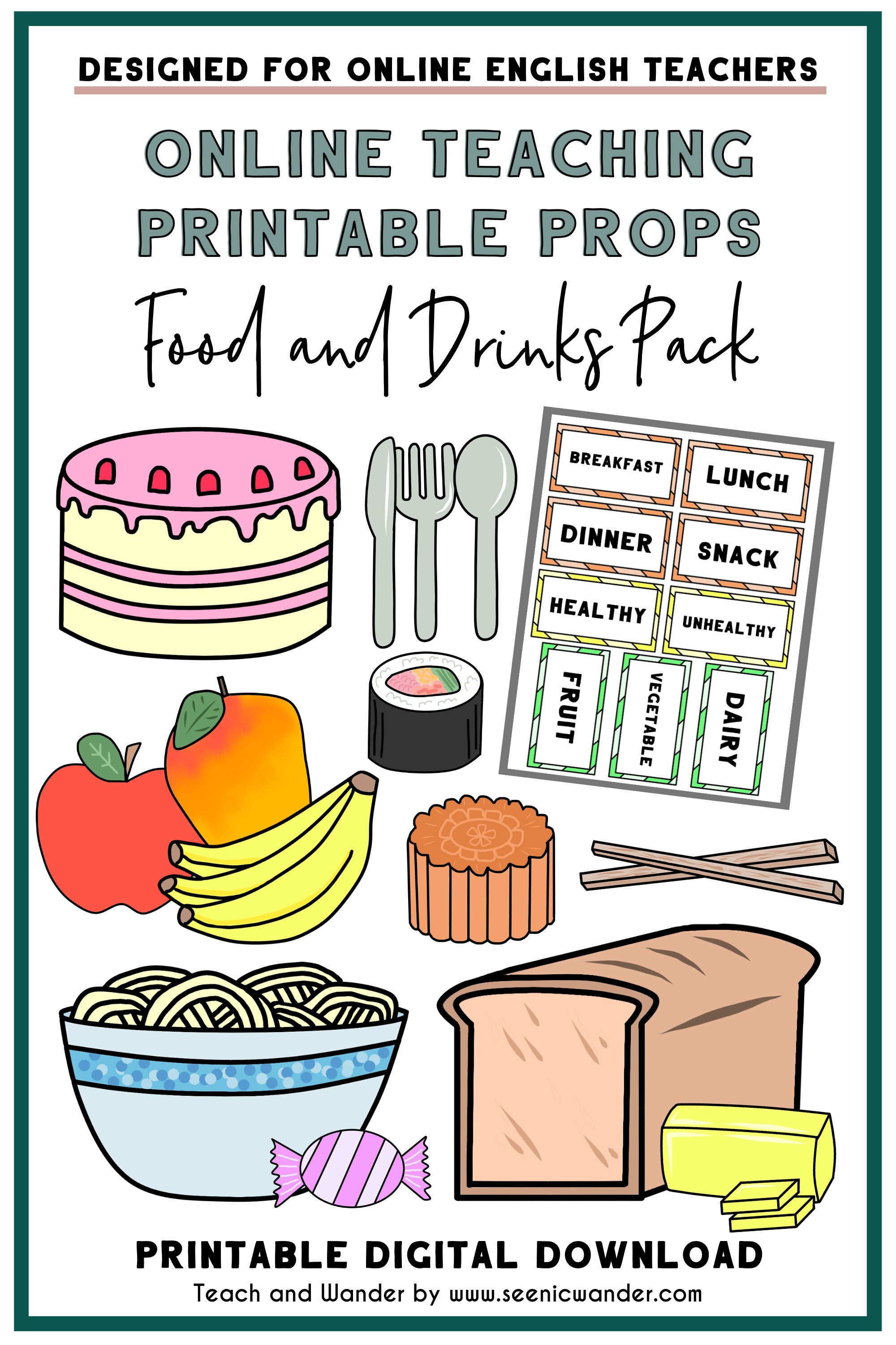 Food and Drink Props for Teaching English Online | Cute Food Printables ...