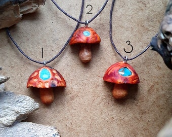 Hippie Mushroom Pendants, Mushroom Necklace, Mushroom gnome, Hippie necklace, Hippie gifts, carved Avocado pit necklace