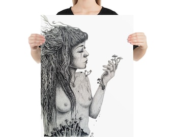 Fine Art Print &quot;Psychedelic Contemplation&quot; | Hippie Poster | Hippie Girl Poster |  Trippy Poster | Mushroom Poster