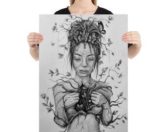 Fine Art Print &quot;Bloom&quot; | Pencil Drawing | Hippie Poster | Hippie Girl Poster | Trippy Poster | Nature Poster