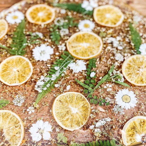 Citrus, floral serving tray, resin charcuterie platter housewarming gift, round centerpiece display plate, fruit platter hostess gift