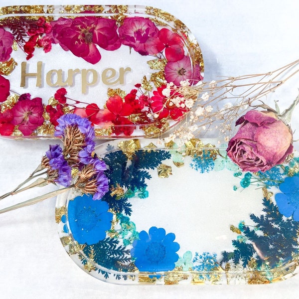 Floral vanity trinket dish, personalized jewelry tray, bridal gift, custom housewarming, birthday gift, soap dish, dried flowers