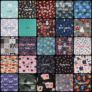 a collage of various colorful and patterned fabric designs, including animal prints, floral motifs, and Halloween-themed patterns.