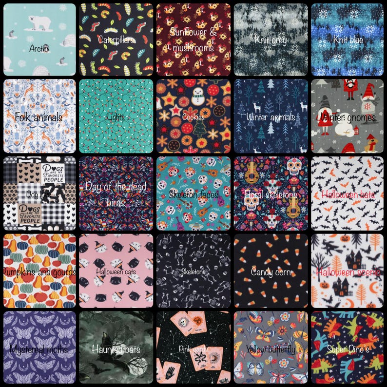 a collage of various colorful and patterned fabric designs, including animal prints, floral motifs, and Halloween-themed patterns.