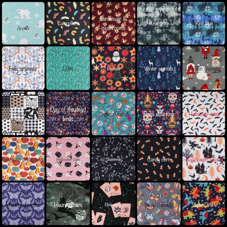 a collage of various colorful and patterned fabric designs, including animal prints, floral motifs, and Halloween-themed patterns.