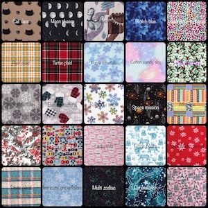a collage of various fabric patterns and designs, including cat faces, moon phases, little knitted, blue, cotton candy sky, tartan plaid, purple snowflakes, cotton candy sky, wood snowflakes, butterscotch mittens, rainbow snow, space mission, lucky cats, color bears, and snowflakes on red.