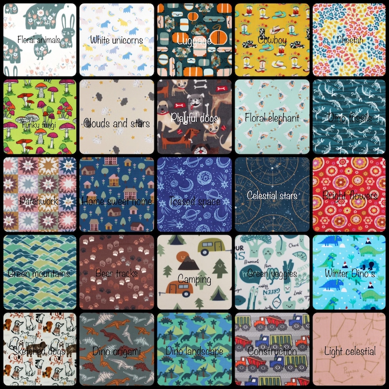 a grid of 24 different patterns and designs, each with unique colors, shapes, and themes. The patterns include floral animals, white unicorns, clouds and stars, playful dogs, floral elephants, jumbo fossil, funny noses, home sweet home, toasted space, celestial stars, bright rovers, green vegetables, camping, dinosaur origami, and construction.