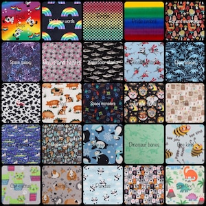 a collage of various colorful and patterned fabric swatches, each with different designs and motifs. The swatches include images of dogs, rainbows, space, and other playful and whimsical patterns. The collage is organized into a grid format, with each swatch occupying its own square. The swatches are diverse in terms of color, size, and design, creating a visually engaging and vibrant display.