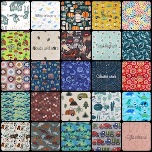 a grid of 24 different patterns and designs, each with unique colors, shapes, and themes. The patterns include floral animals, white unicorns, clouds and stars, playful dogs, floral elephants, jumbo fossil, funny noses, home sweet home, toasted space, celestial stars, bright rovers, green vegetables, camping, dinosaur origami, and construction.