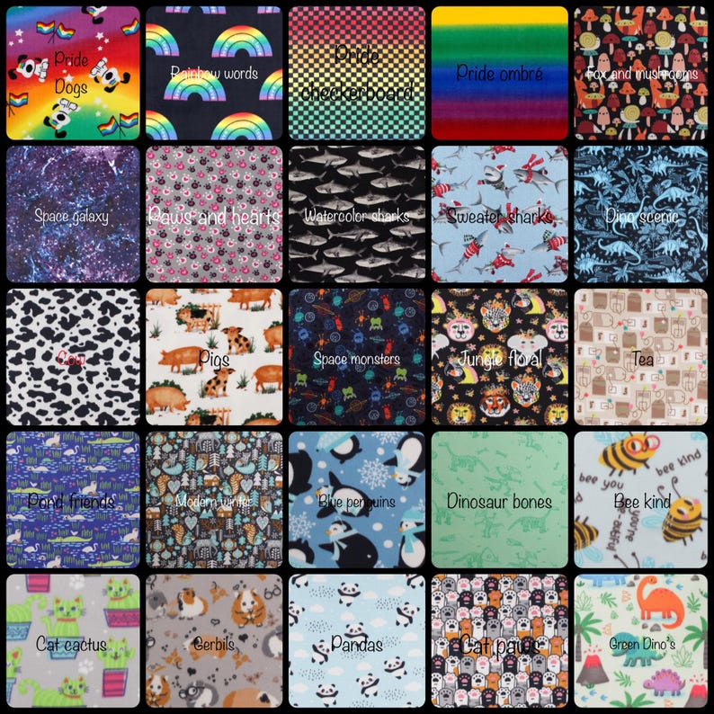 a collage of various colorful and patterned fabric swatches, each with different designs and motifs. The swatches include images of dogs, rainbows, space, and other playful and whimsical patterns. The collage is organized into a grid format, with each swatch occupying its own square. The swatches are diverse in terms of color, size, and design, creating a visually engaging and vibrant display.