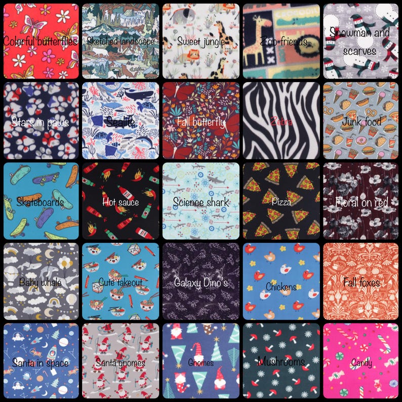 a grid of various colorful and patterned fabric designs, including floral, zebra, and cartoon-like motifs.