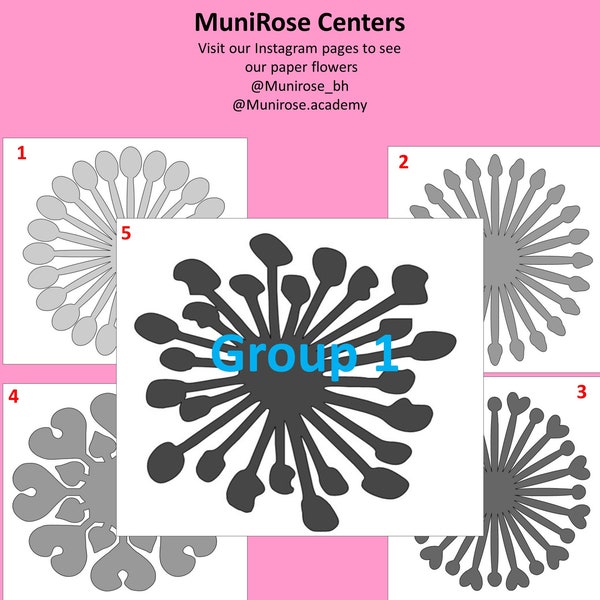 Paper flower Center template PNG (from 1-5),  giant MuniRose paper flower for Cutting machine, Cricut Template مونيروز ورد ورقي